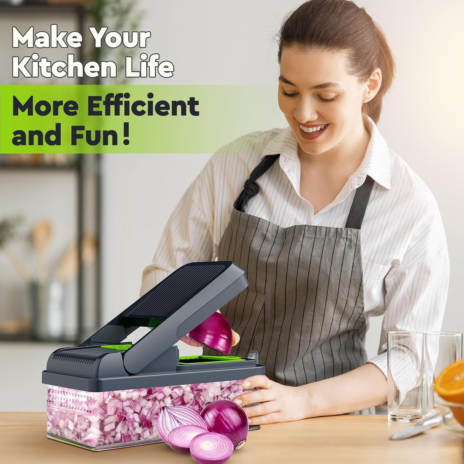 12-in-1 Vegetable Chopper, Food Veggie Chopper With Container | Kitchen Prep Tool, Cheese Grater, Home Essentials & Kitchen Gadgets, with Sharp Stainless Steel Blades(7 Blades, Green)