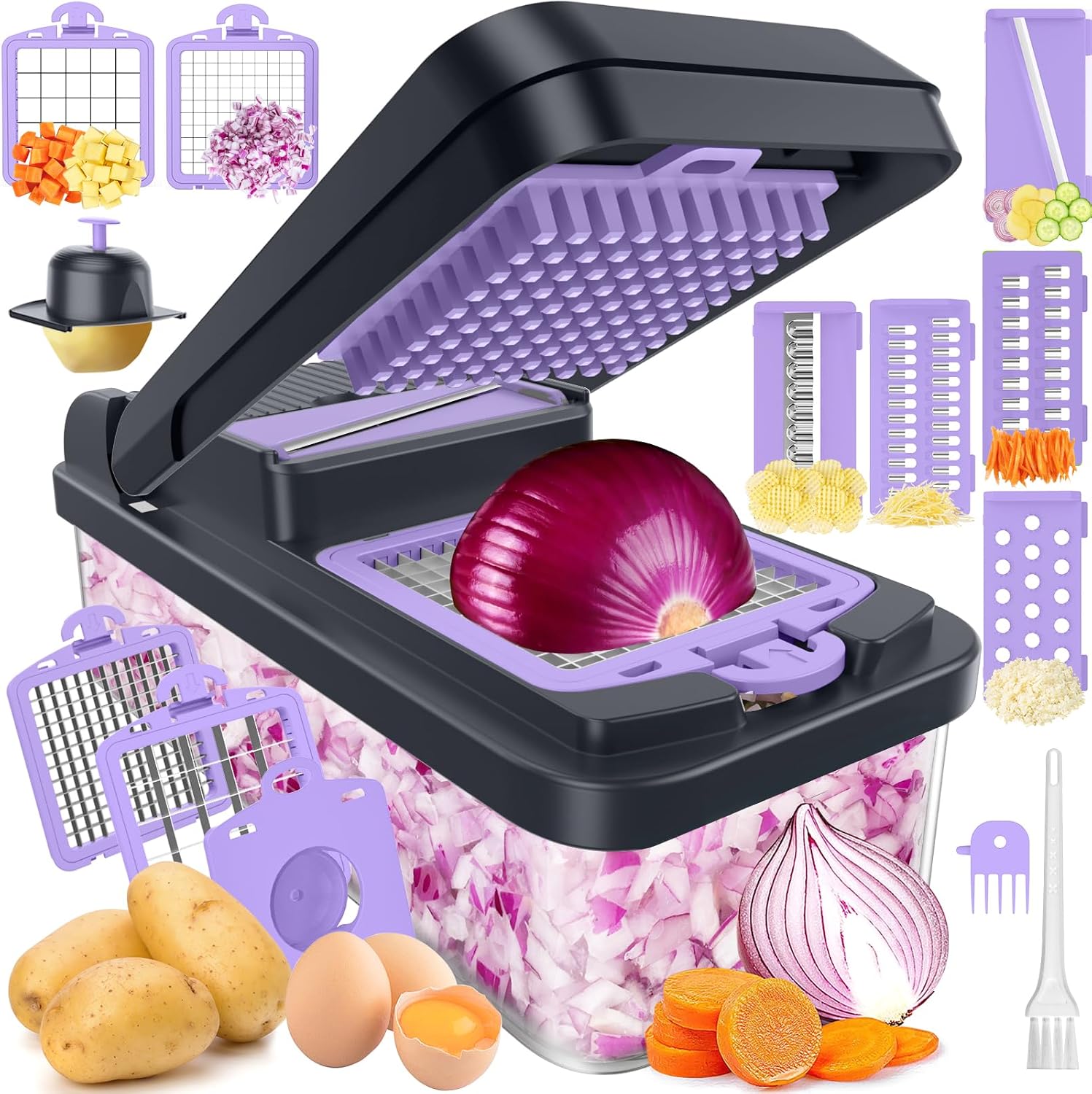12-in-1 Vegetable Chopper, Food Veggie Chopper With Container | Kitchen Prep Tool, Cheese Grater, Home Essentials & Kitchen Gadgets, with Sharp Stainless Steel Blades(7 Blades, Green)