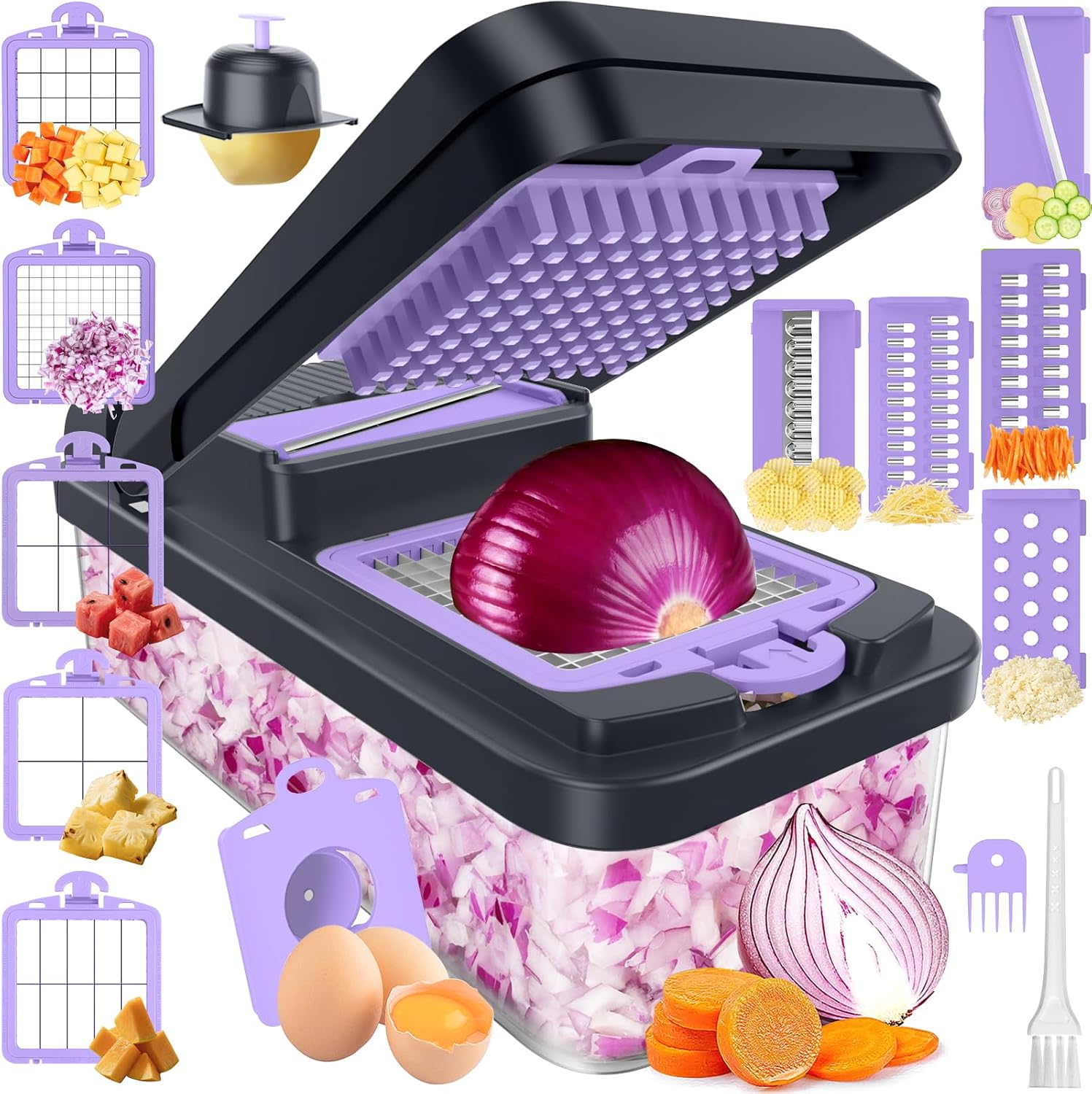 12-in-1 Vegetable Chopper, Food Veggie Chopper With Container | Kitchen Prep Tool, Cheese Grater, Home Essentials & Kitchen Gadgets, with Sharp Stainless Steel Blades(7 Blades, Green)