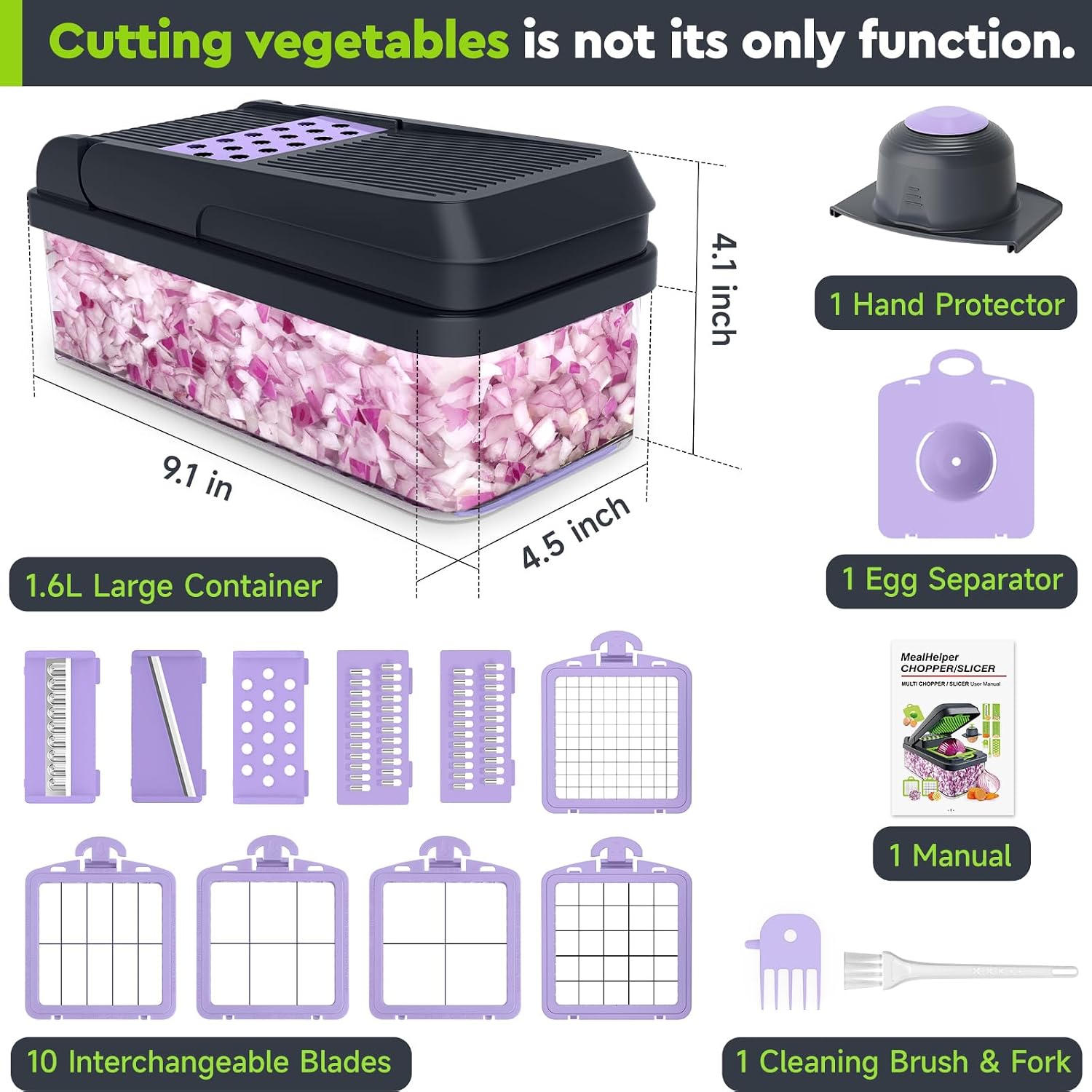 12-in-1 Vegetable Chopper, Food Veggie Chopper With Container | Kitchen Prep Tool, Cheese Grater, Home Essentials & Kitchen Gadgets, with Sharp Stainless Steel Blades(7 Blades, Green)