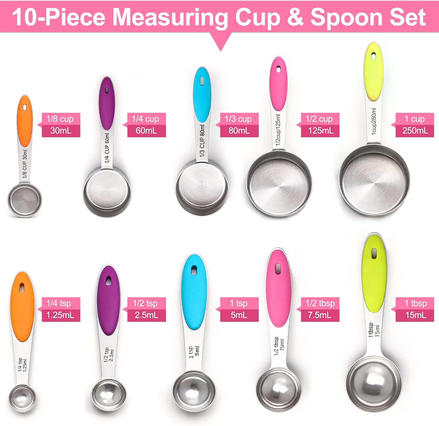 15-Piece Magnetic Measuring Set with Measuring Cup, Multi-Size Spoons & Cups for Baking & Cooking