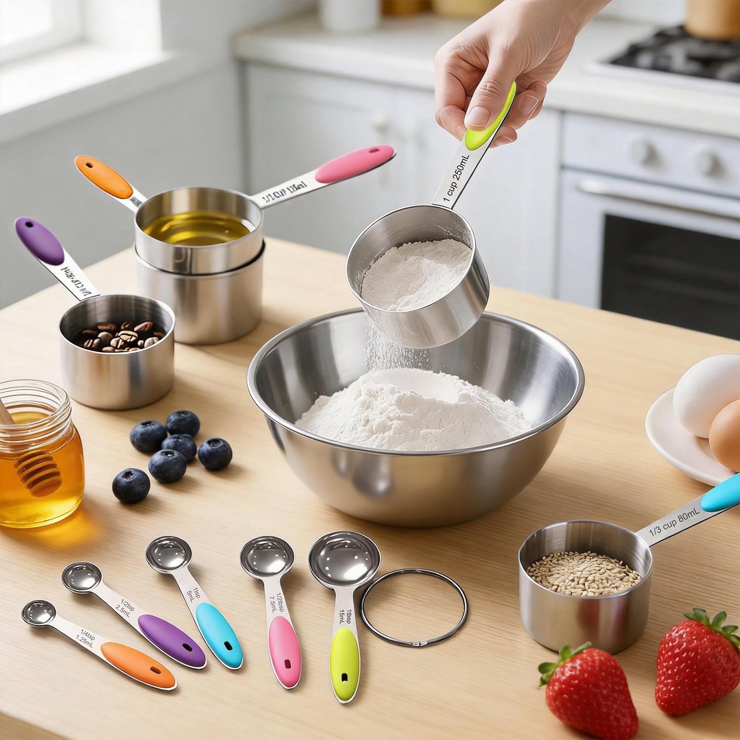 15-Piece Magnetic Measuring Set with Measuring Cup, Multi-Size Spoons & Cups for Baking & Cooking