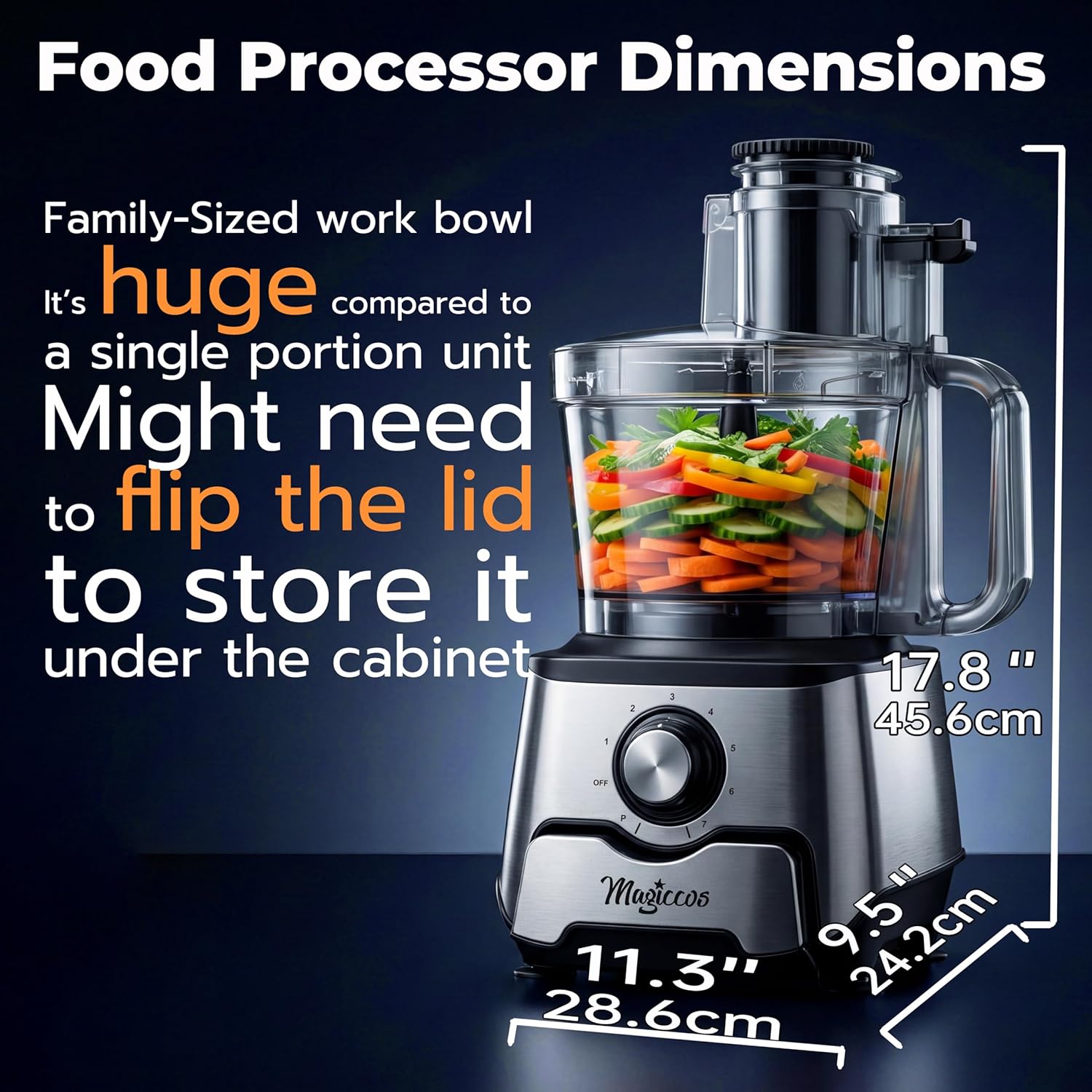 14-Cup Food Processor, 1000W Motor, Storage Drawer, Metallic Color | 7 Speeds, XL Bowl & Large Feed Chute, French Fry Cutter, Chop, Slice, Shred & Mix Veggies, Cheese & Meat for Family Meals