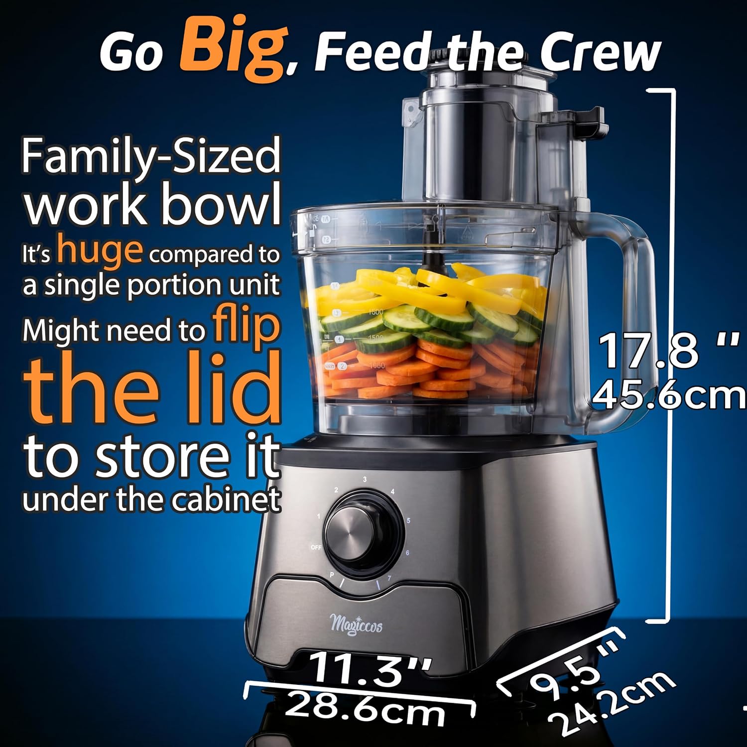 14-Cup Food Processor, 1000W Motor, Storage Drawer, Metallic Color | 7 Speeds, XL Bowl & Large Feed Chute, French Fry Cutter, Chop, Slice, Shred & Mix Veggies, Cheese & Meat for Family Meals