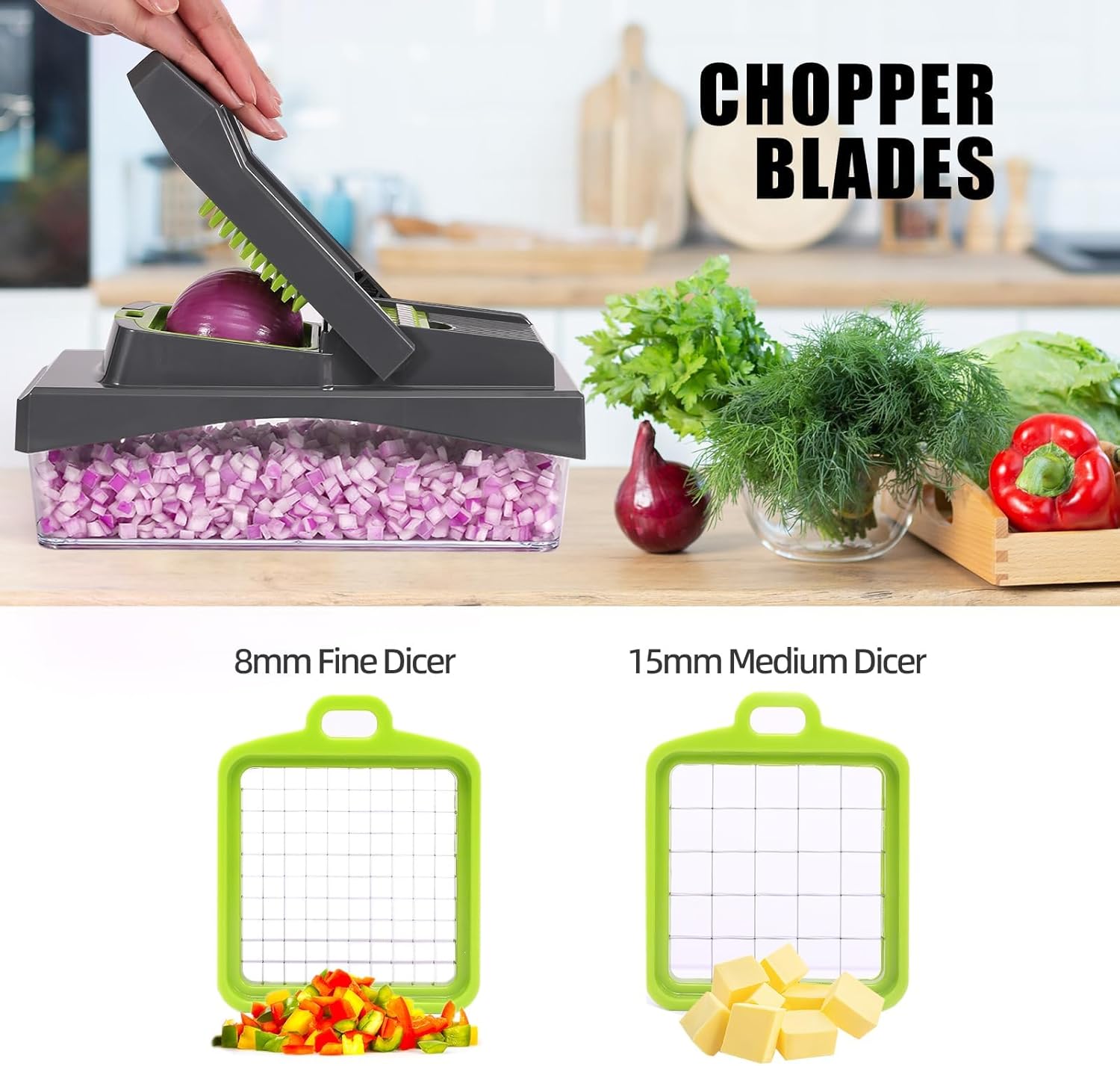 10-in-1 Vegetable Chopper – 6 Blade Veggie Chopper with Container, Food Dicer, Onion Cutter, Cheese Grater, Mandoline Slicer, Kitchen Gadgets & Home Essentials (Gray)