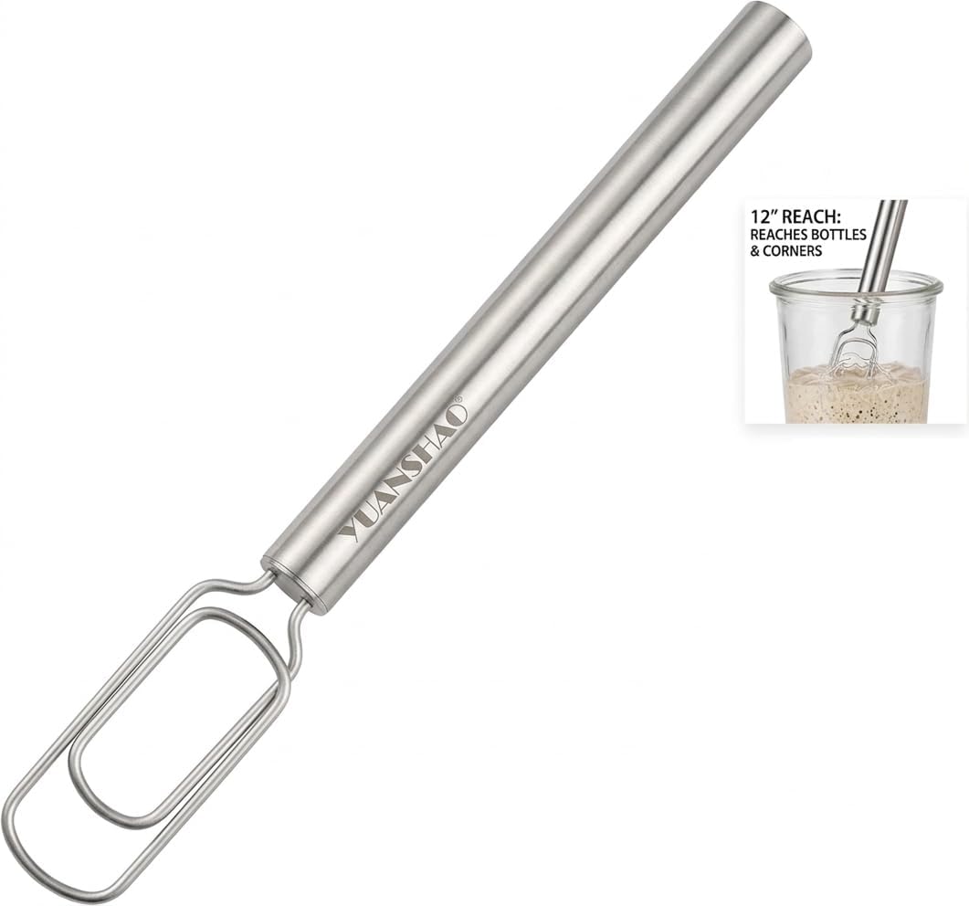 12" Sourdough Starter Stirrer -Narrow Stainless Steel Jar-Friendly Whisk - Heavy-Duty Danish Dough Mixer fits Weck, Mason & Tall Jars - Long Handle Stirring Tool for Thick Starters, Dishwasher Safe