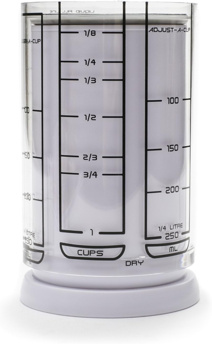 1 Cup Adjust-A-Cup, Plastic, White | Plunger Measuring Cup | Measures Between 1/8 Cup to 1 Cup | Includes Conversions | Kitchen Gadget | Measures Solids & Liquids