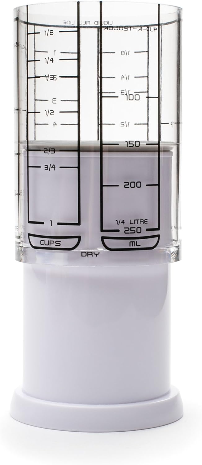 1 Cup Adjust-A-Cup, Plastic, White | Plunger Measuring Cup | Measures Between 1/8 Cup to 1 Cup | Includes Conversions | Kitchen Gadget | Measures Solids & Liquids