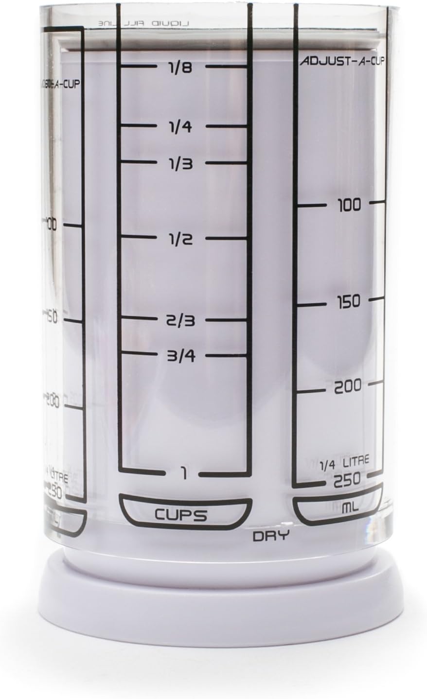 1 Cup Adjust-A-Cup, Plastic, White | Plunger Measuring Cup | Measures Between 1/8 Cup to 1 Cup | Includes Conversions | Kitchen Gadget | Measures Solids & Liquids