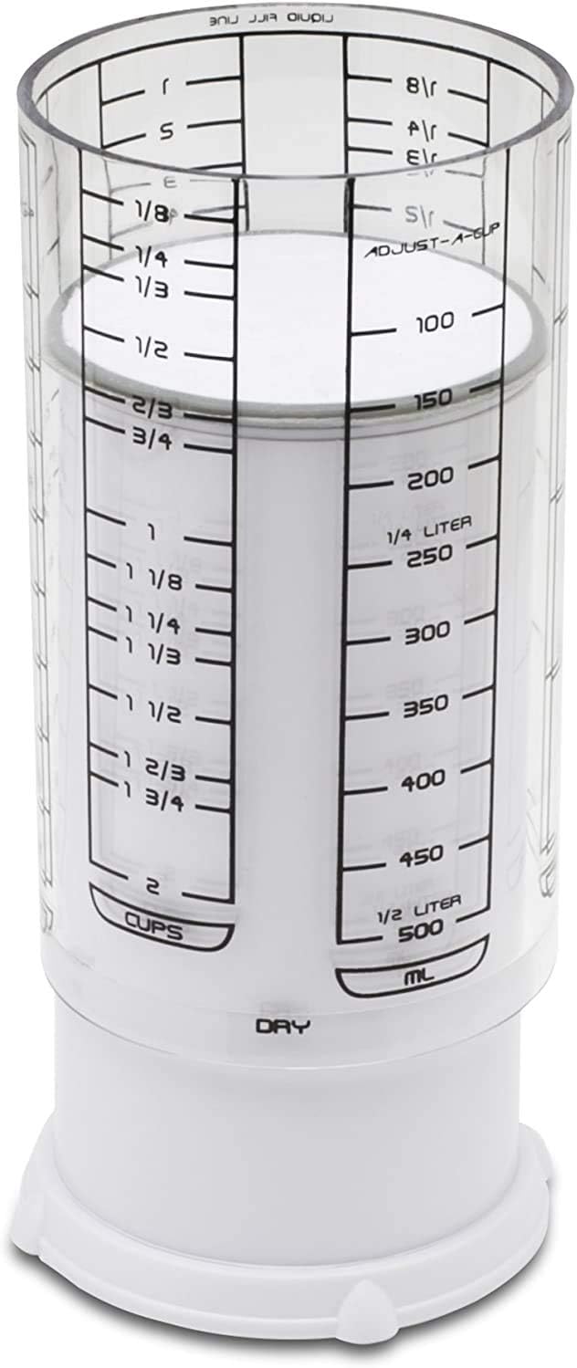 1 Cup Adjust-A-Cup, Plastic, White | Plunger Measuring Cup | Measures Between 1/8 Cup to 1 Cup | Includes Conversions | Kitchen Gadget | Measures Solids & Liquids