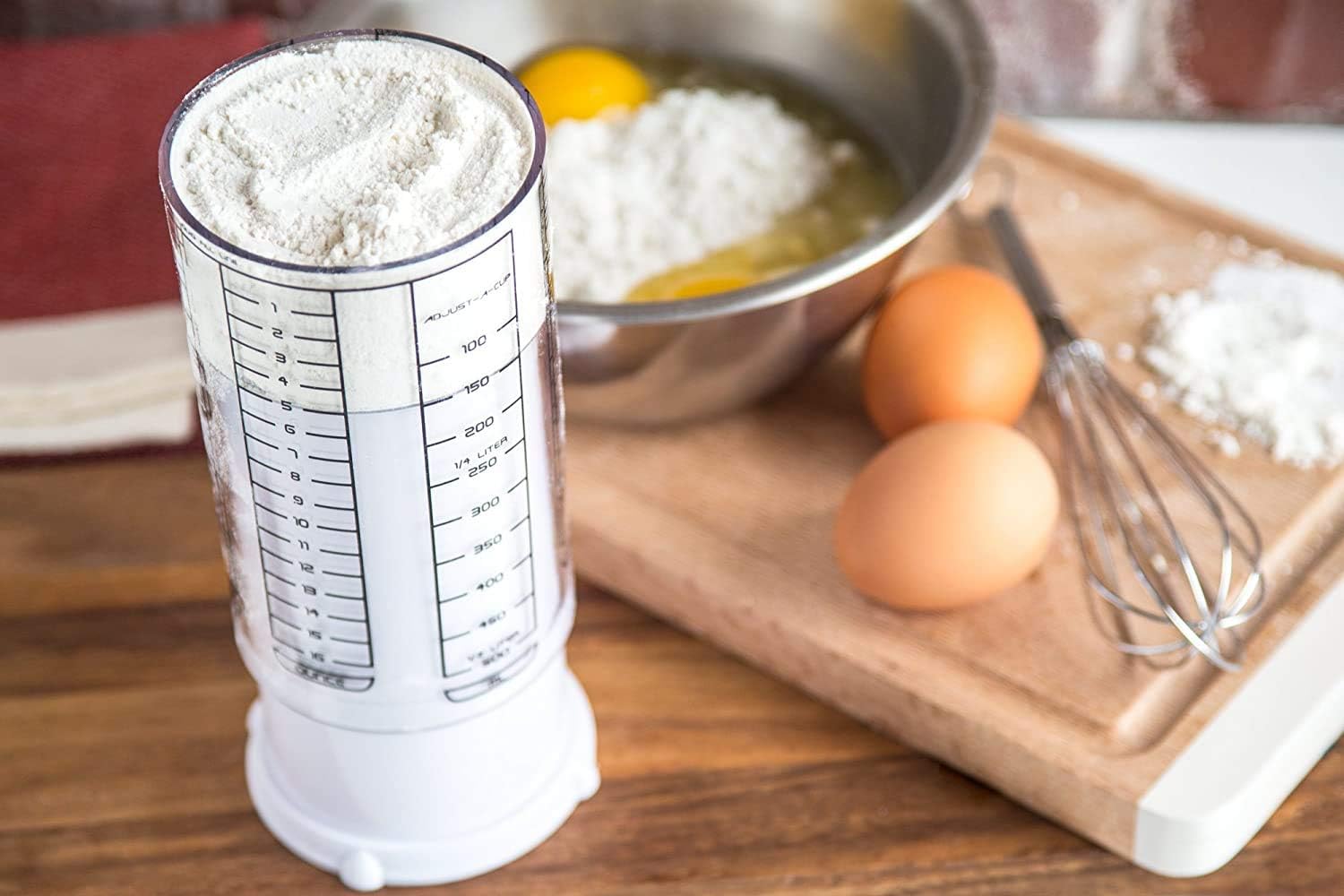 1 Cup Adjust-A-Cup, Plastic, White | Plunger Measuring Cup | Measures Between 1/8 Cup to 1 Cup | Includes Conversions | Kitchen Gadget | Measures Solids & Liquids