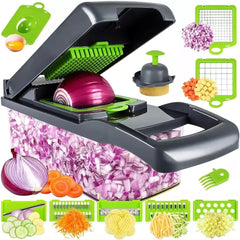 14-in-1 Vegetable Chopper and Onion Slicer, Gray | Mandolin Slicer with Container, Multi-Functional Food Dicer, Stainless Steel Blades