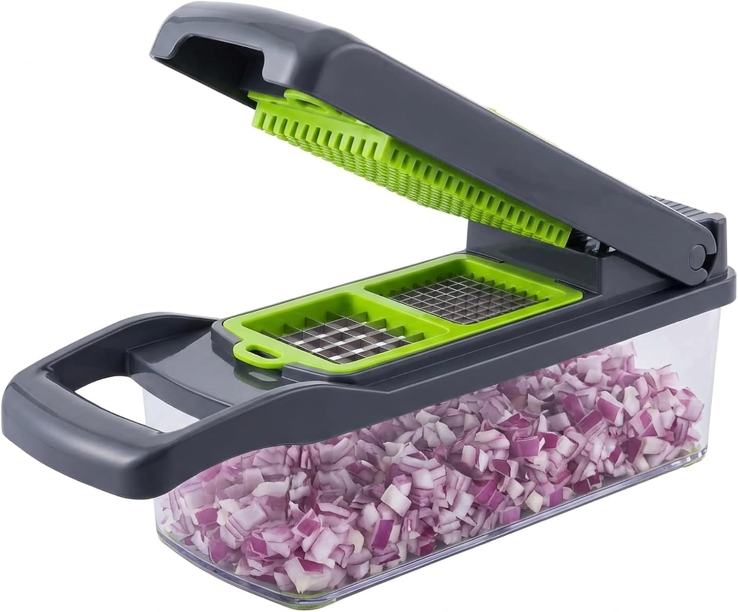 14-in-1 Vegetable Chopper and Onion Slicer, Gray | Mandolin Slicer with Container, Multi-Functional Food Dicer, Stainless Steel Blades
