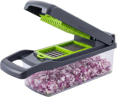 14-in-1 Vegetable Chopper and Onion Slicer, Gray | Mandolin Slicer with Container, Multi-Functional Food Dicer, Stainless Steel Blades