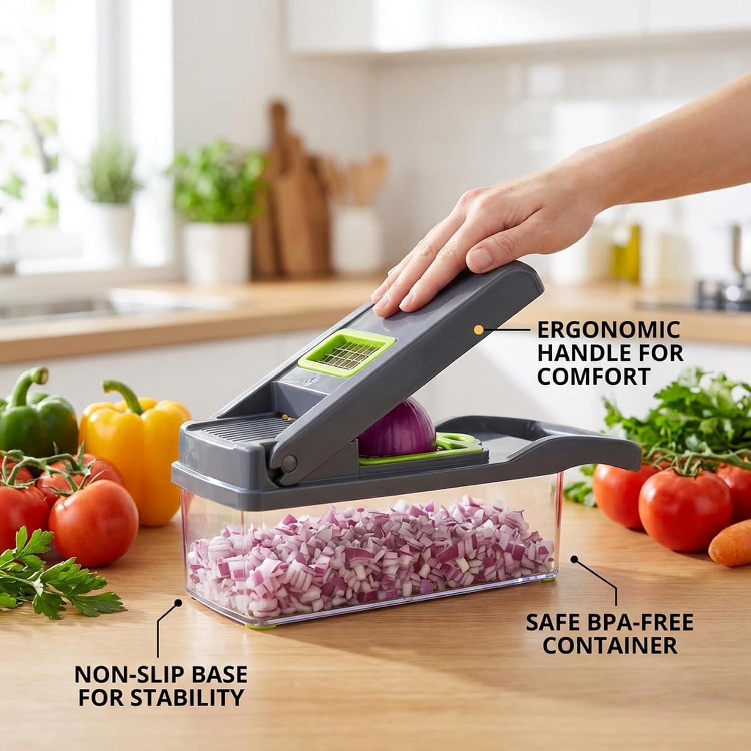 14-in-1 Vegetable Chopper and Onion Slicer, Gray | Mandolin Slicer with Container, Multi-Functional Food Dicer, Stainless Steel Blades