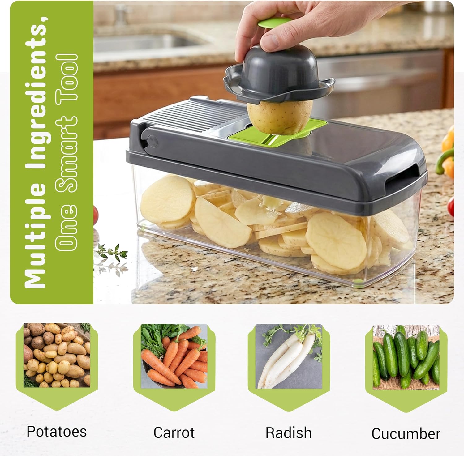14-in-1 Vegetable Chopper and Onion Slicer, Gray | Mandolin Slicer with Container, Multi-Functional Food Dicer, Stainless Steel Blades