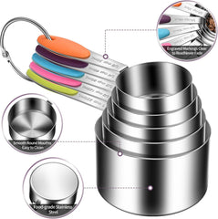 10-Piece Measuring Cups and Spoons Set, 304 Stainless Steel with Color-Coded Handles, Engraved Markings Never Fade, Plastic Free, Dishwasher Safe, Includes 1/8 Cup & 1/4 Tsp