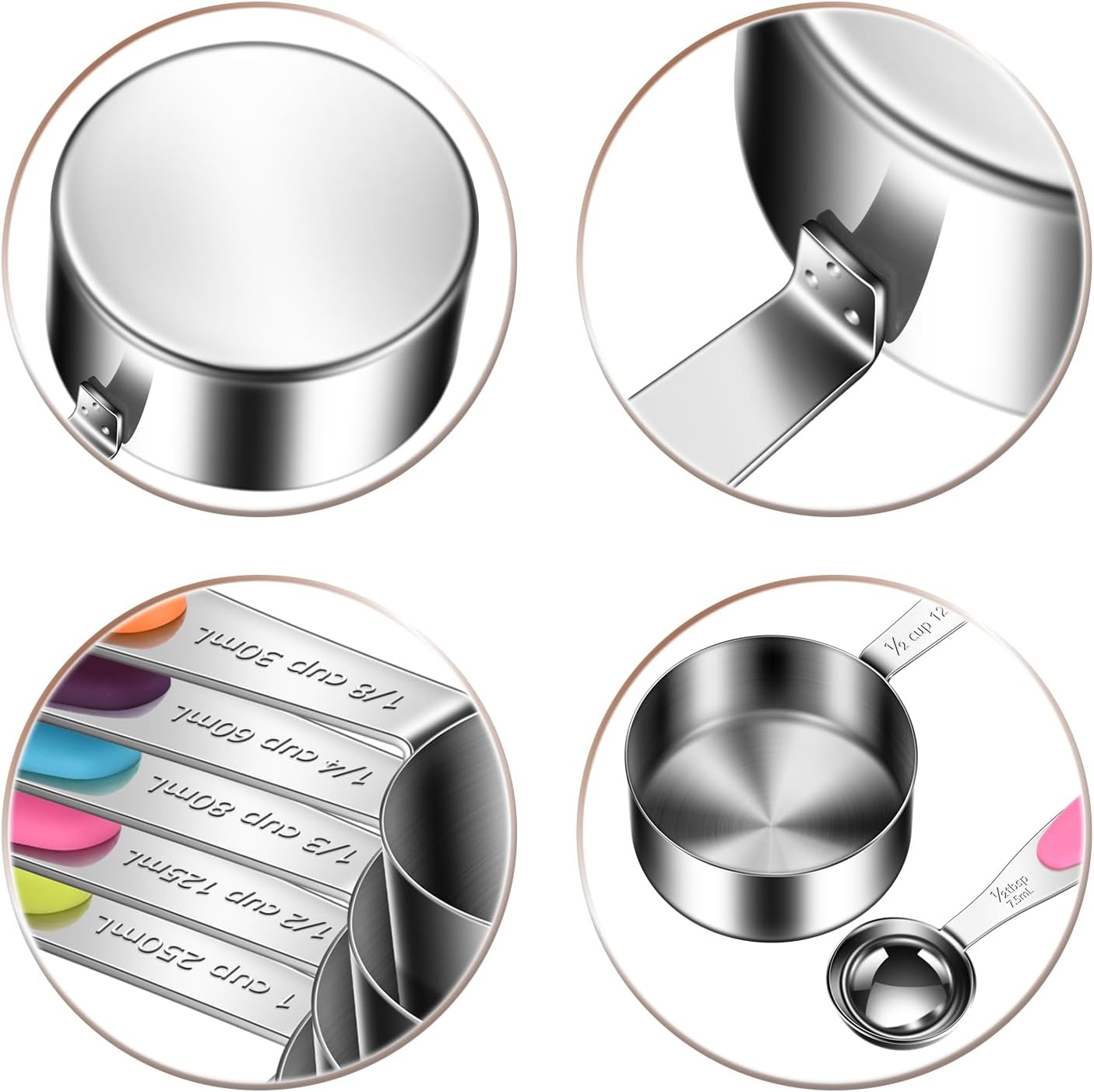 10-Piece Measuring Cups and Spoons Set, 304 Stainless Steel with Color-Coded Handles, Engraved Markings Never Fade, Plastic Free, Dishwasher Safe, Includes 1/8 Cup & 1/4 Tsp
