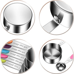10-Piece Measuring Cups and Spoons Set, 304 Stainless Steel with Color-Coded Handles, Engraved Markings Never Fade, Plastic Free, Dishwasher Safe, Includes 1/8 Cup & 1/4 Tsp
