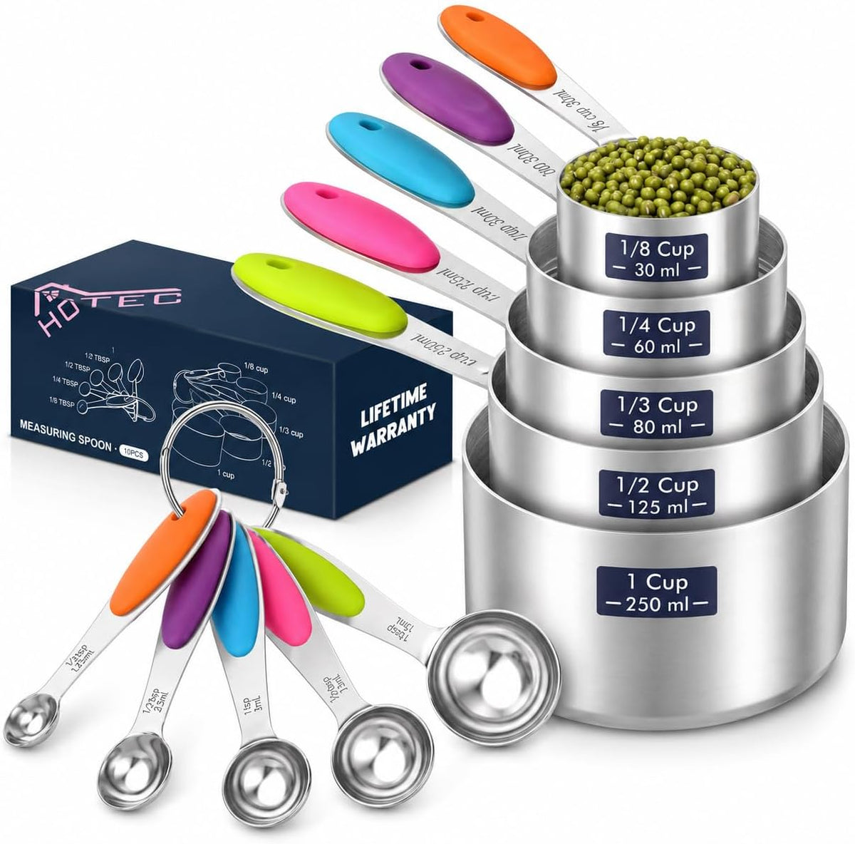 10-Pack Measuring Cups &Spoons Set, Kitchen Gadagets Cooking Baking, Measuring Spoons, Heavy Duty & Dishwasher Safe for Dry and Liquid Ingredients, Multicolor