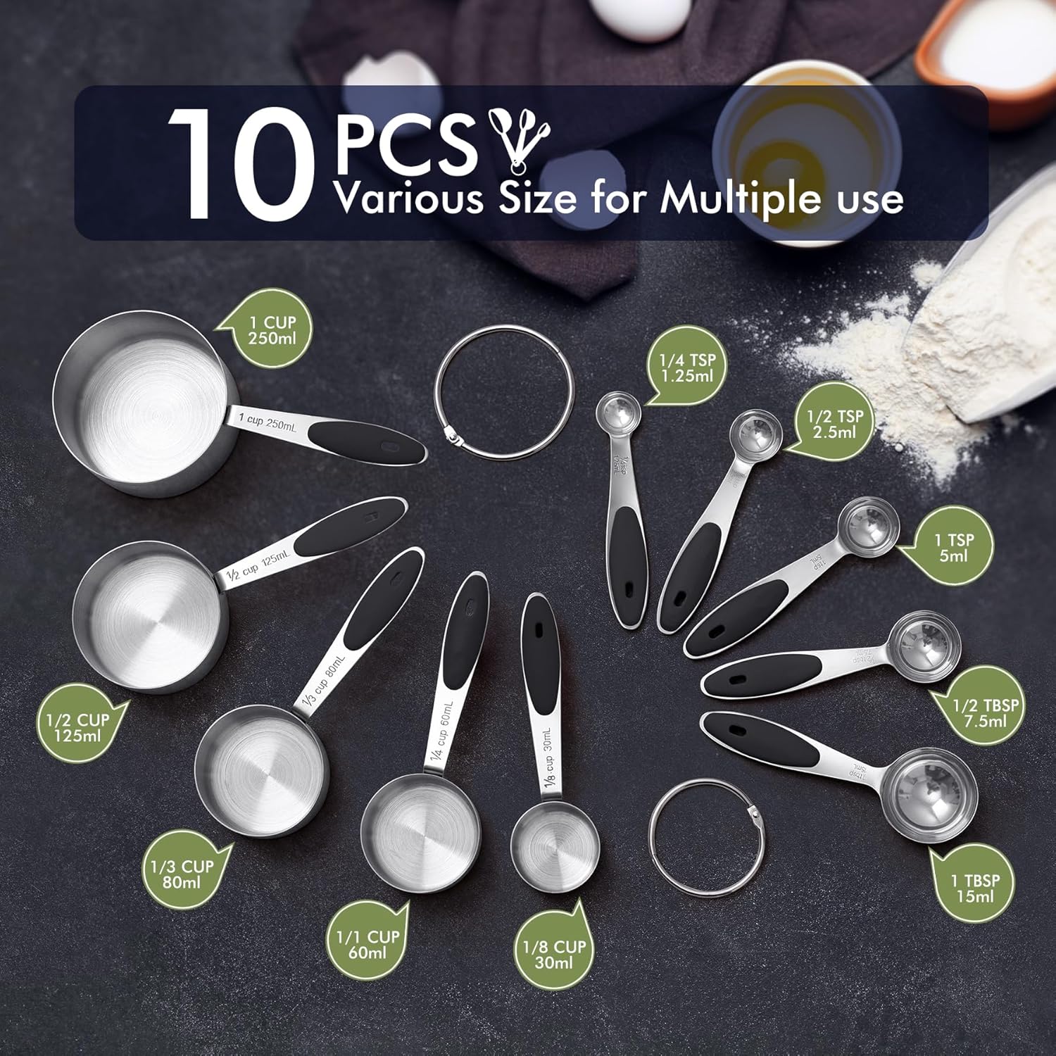10-Pack Measuring Cups &Spoons Set, Kitchen Gadagets Cooking Baking, Measuring Spoons, Heavy Duty & Dishwasher Safe for Dry and Liquid Ingredients, Multicolor