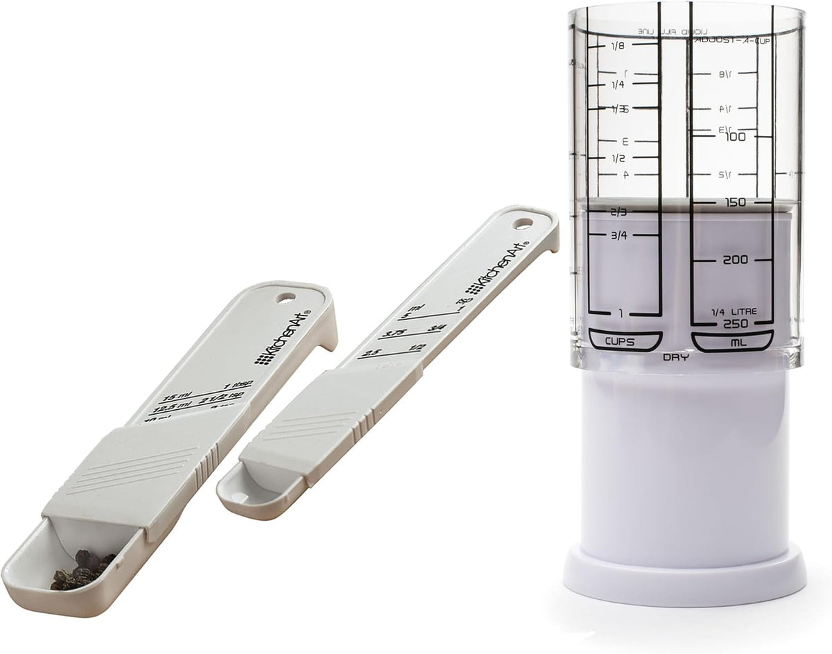 1 Tri Adjust A-Cup, TSP & TBL Adjustable Measuring Tool Set | Mess Free Pouring | Includes Adjustable 1 Cup, Teaspoon & Tablespoon | Kitchen Adjustable Measuring Cup & Spoon Set