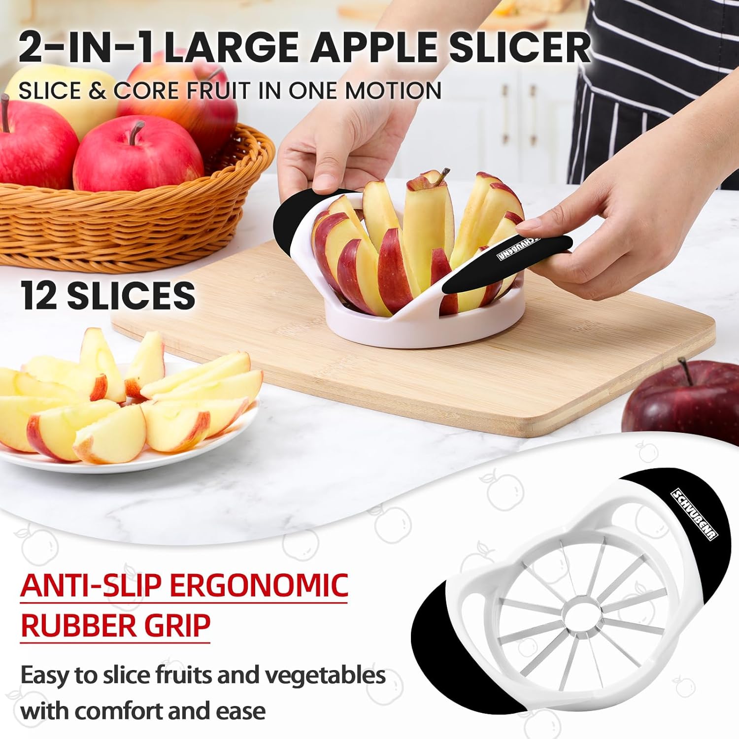 12-Blade Apple Slicer and Corer - 4.72 Inch Sharp Stainless Steel Apple Cutter - Professional Apple Divider Tool for Quick Slices - Easy to Use & Clean - Slice Fruits with Ease - Black