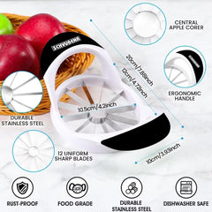 12-Blade Apple Slicer and Corer - 4.72 Inch Sharp Stainless Steel Apple Cutter - Professional Apple Divider Tool for Quick Slices - Easy to Use & Clean - Slice Fruits with Ease - Black