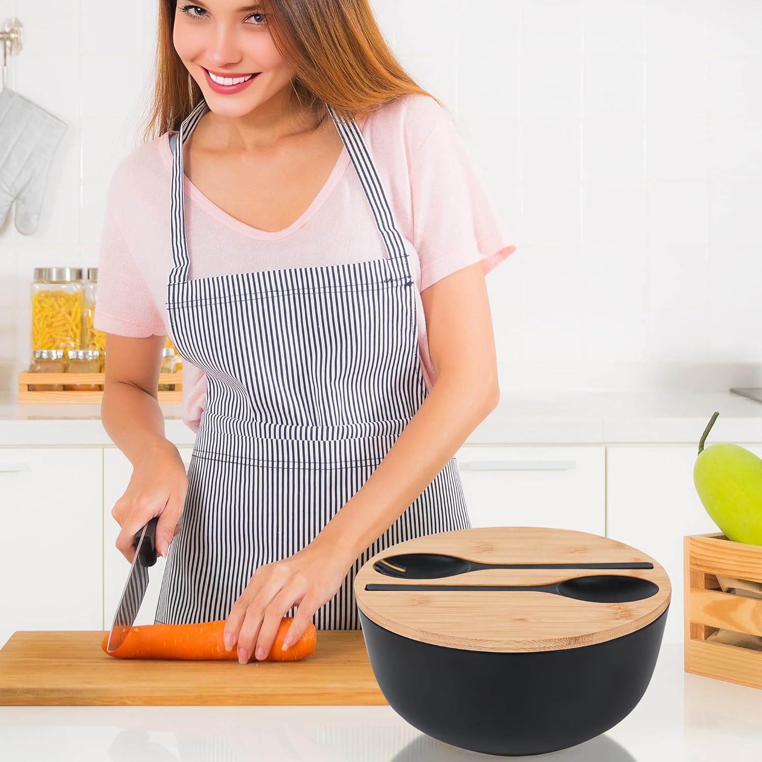 12" Salad Bowls, Bamboo Fiber Salad Bowl with Lid, 7.7Qt Extra Large Mixing Bowls with Servers for Kitchen, Salad Serving Bowl Set with Utensils for Salad, Pasta, Fruits, Vegetables and Dessert