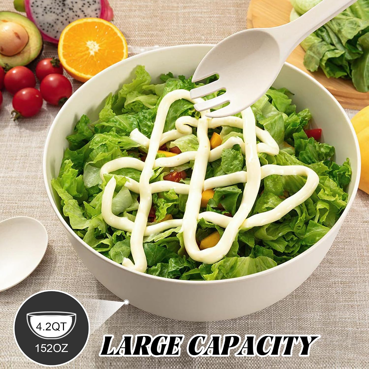 12" Salad Bowls, Bamboo Fiber Salad Bowl with Lid, 7.7Qt Extra Large Mixing Bowls with Servers for Kitchen, Salad Serving Bowl Set with Utensils for Salad, Pasta, Fruits, Vegetables and Dessert