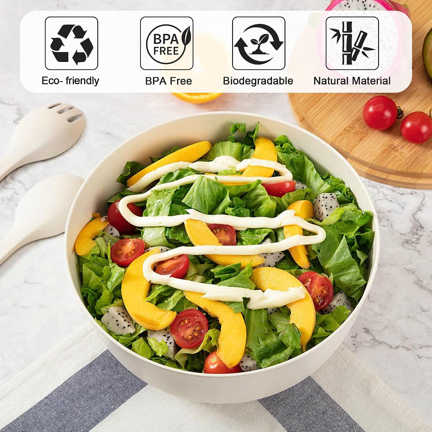 12" Salad Bowls, Bamboo Fiber Salad Bowl with Lid, 7.7Qt Extra Large Mixing Bowls with Servers for Kitchen, Salad Serving Bowl Set with Utensils for Salad, Pasta, Fruits, Vegetables and Dessert