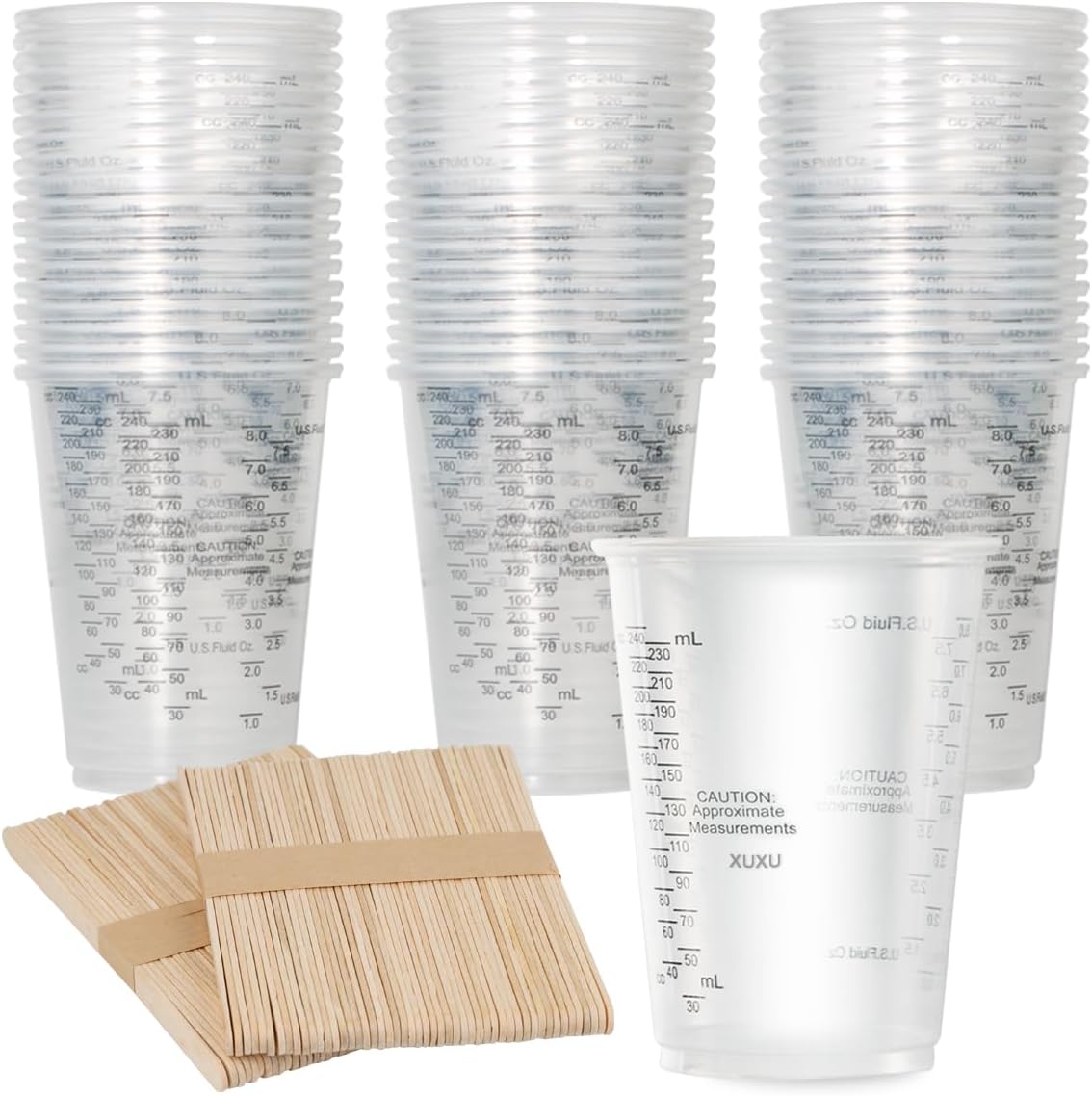 100pcs 8oz Graduated Clear Plastic Measuring Cups with 100pcs Wooden Stirring Sticks for Mixing Paint, Pigments, Epoxy Resins, Resins