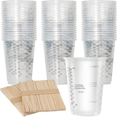 100pcs 8oz Graduated Clear Plastic Measuring Cups with 100pcs Wooden Stirring Sticks for Mixing Paint, Pigments, Epoxy Resins, Resins