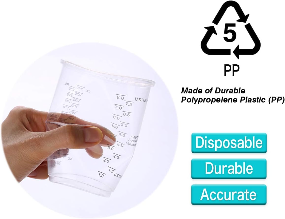 100pcs 8oz Graduated Clear Plastic Measuring Cups with 100pcs Wooden Stirring Sticks for Mixing Paint, Pigments, Epoxy Resins, Resins