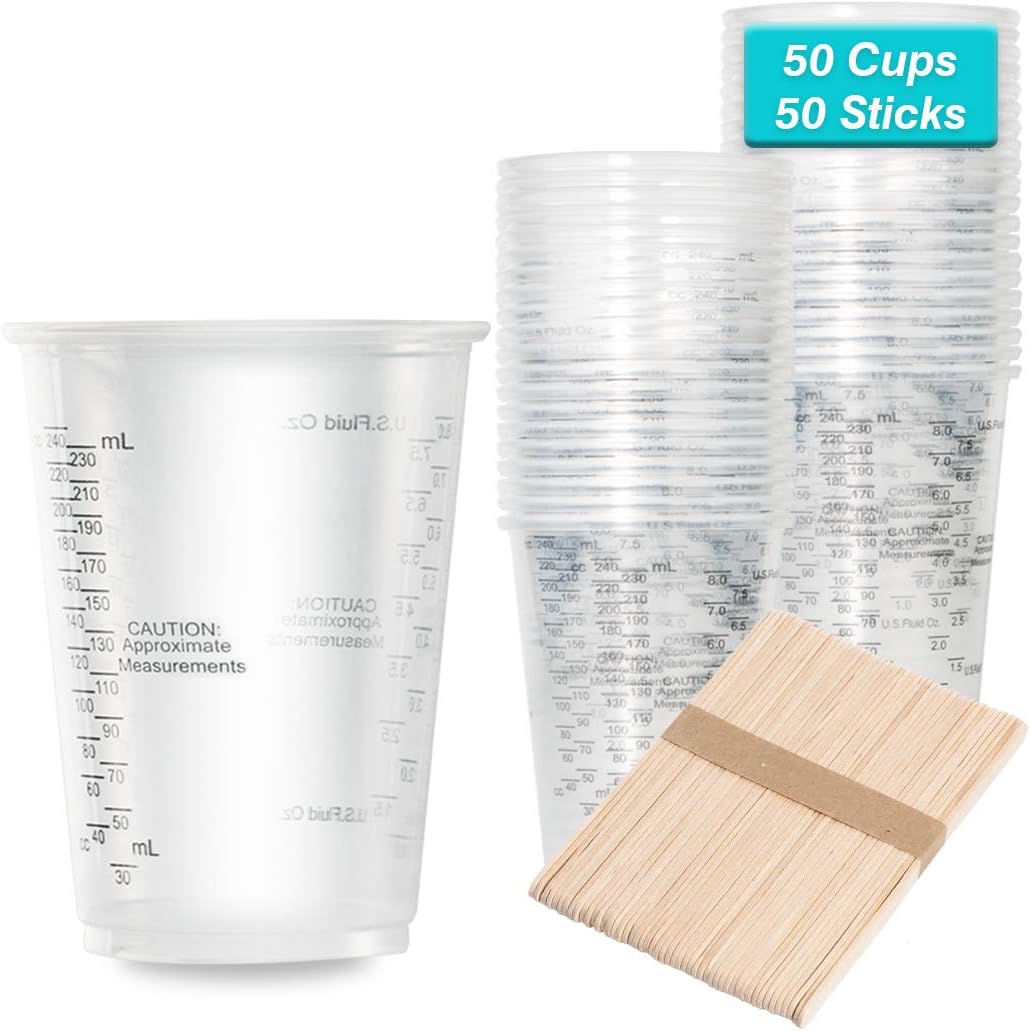 100pcs 8oz Graduated Clear Plastic Measuring Cups with 100pcs Wooden Stirring Sticks for Mixing Paint, Pigments, Epoxy Resins, Resins