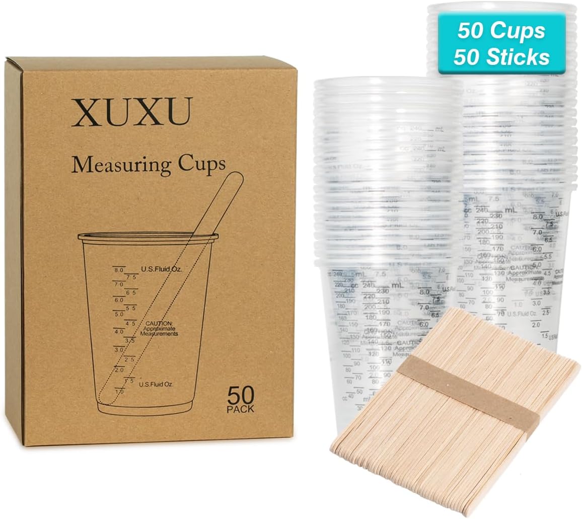 100pcs 8oz Graduated Clear Plastic Measuring Cups with 100pcs Wooden Stirring Sticks for Mixing Paint, Pigments, Epoxy Resins, Resins