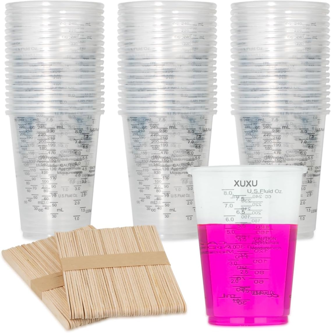100pcs 8oz Graduated Clear Plastic Measuring Cups with 100pcs Wooden Stirring Sticks for Mixing Paint, Pigments, Epoxy Resins, Resins