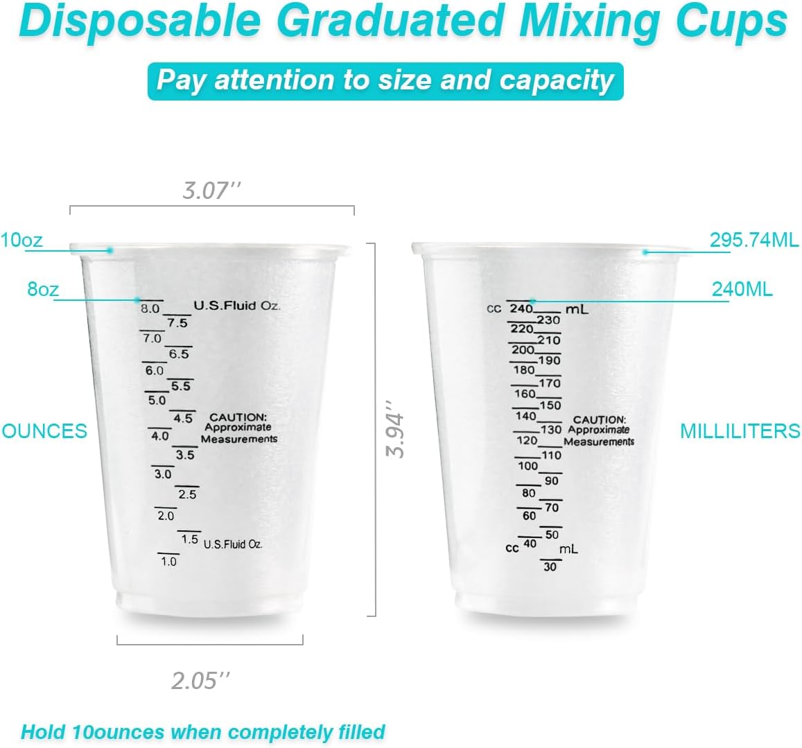 100pcs 8oz Graduated Clear Plastic Measuring Cups with 100pcs Wooden Stirring Sticks for Mixing Paint, Pigments, Epoxy Resins, Resins
