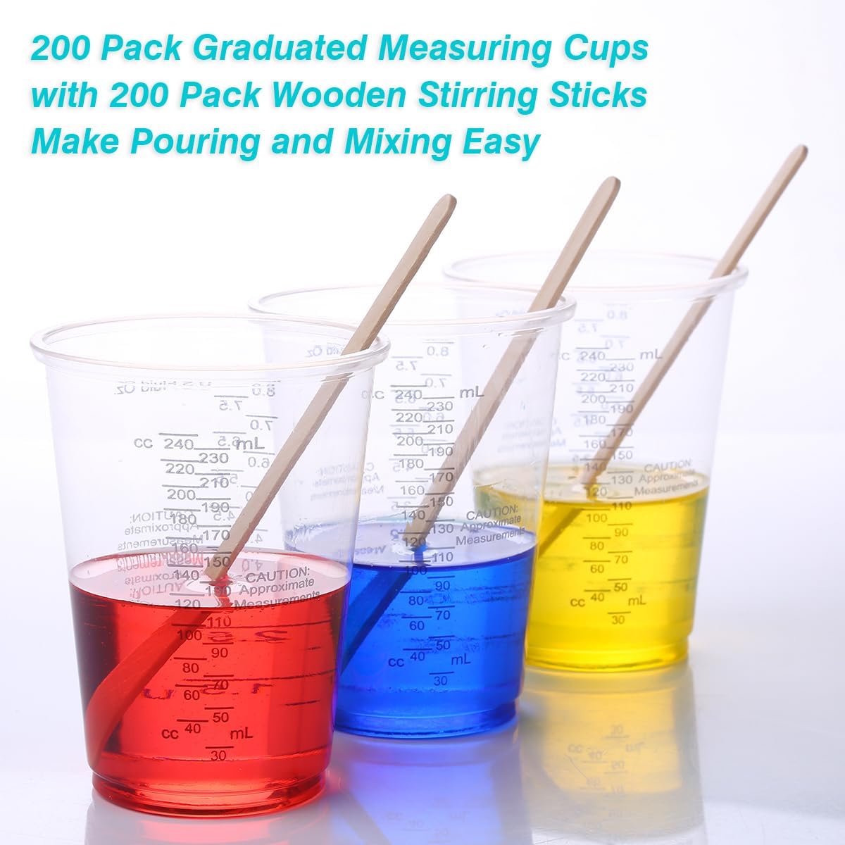 100pcs 8oz Graduated Clear Plastic Measuring Cups with 100pcs Wooden Stirring Sticks for Mixing Paint, Pigments, Epoxy Resins, Resins
