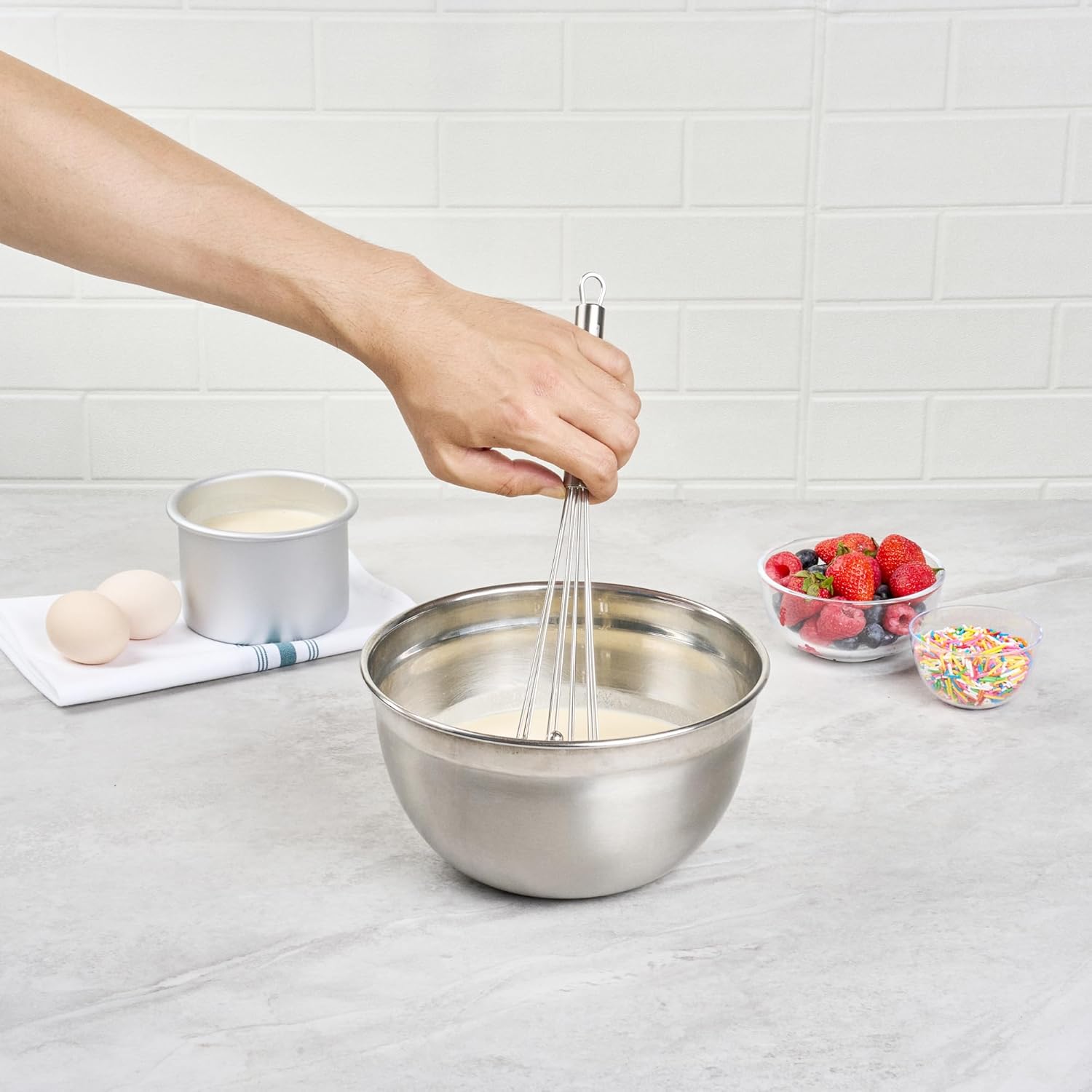 10.5 in Stainless Steel Ball Whisk - German Standard Egg Beater with Ergonomic Handle, Dishwasher Safe - Manual Mixer Cooking Whisk for Baking, Stirring, Sauces, Beating