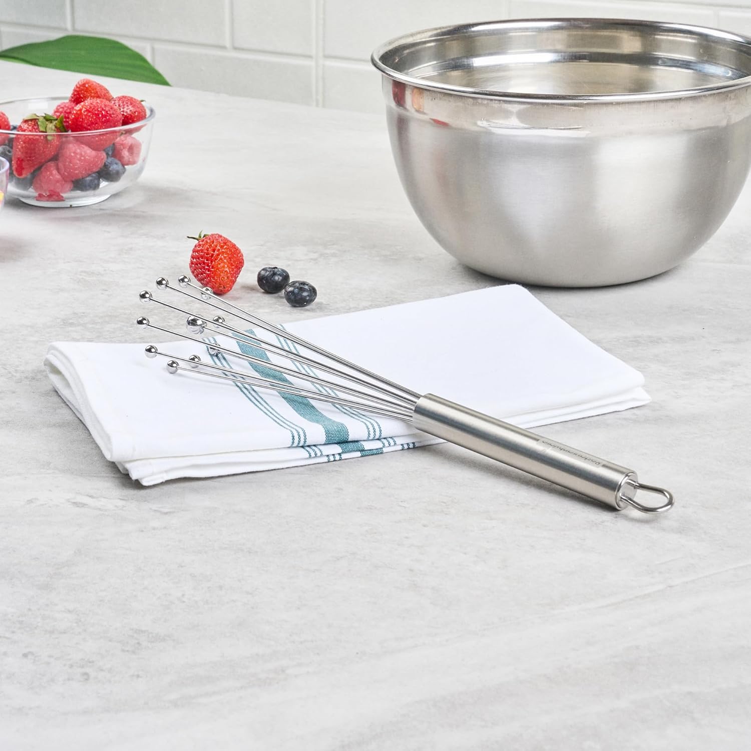 10.5 in Stainless Steel Ball Whisk - German Standard Egg Beater with Ergonomic Handle, Dishwasher Safe - Manual Mixer Cooking Whisk for Baking, Stirring, Sauces, Beating