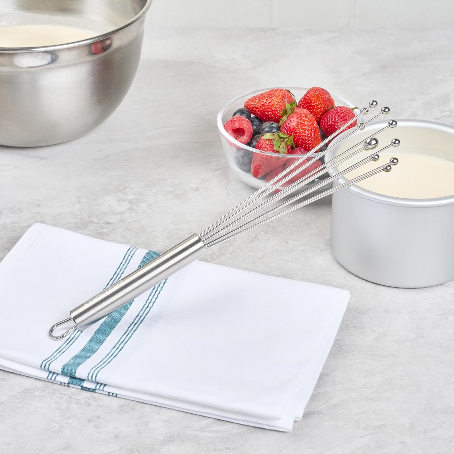 10.5 in Stainless Steel Ball Whisk - German Standard Egg Beater with Ergonomic Handle, Dishwasher Safe - Manual Mixer Cooking Whisk for Baking, Stirring, Sauces, Beating