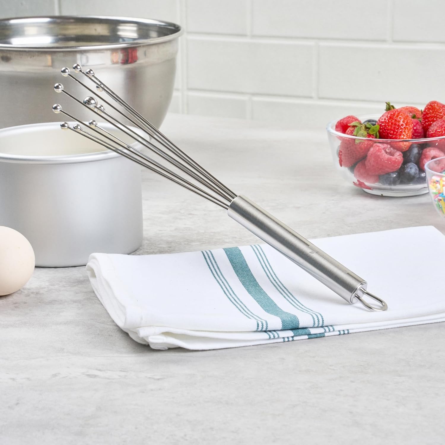 10.5 in Stainless Steel Ball Whisk - German Standard Egg Beater with Ergonomic Handle, Dishwasher Safe - Manual Mixer Cooking Whisk for Baking, Stirring, Sauces, Beating