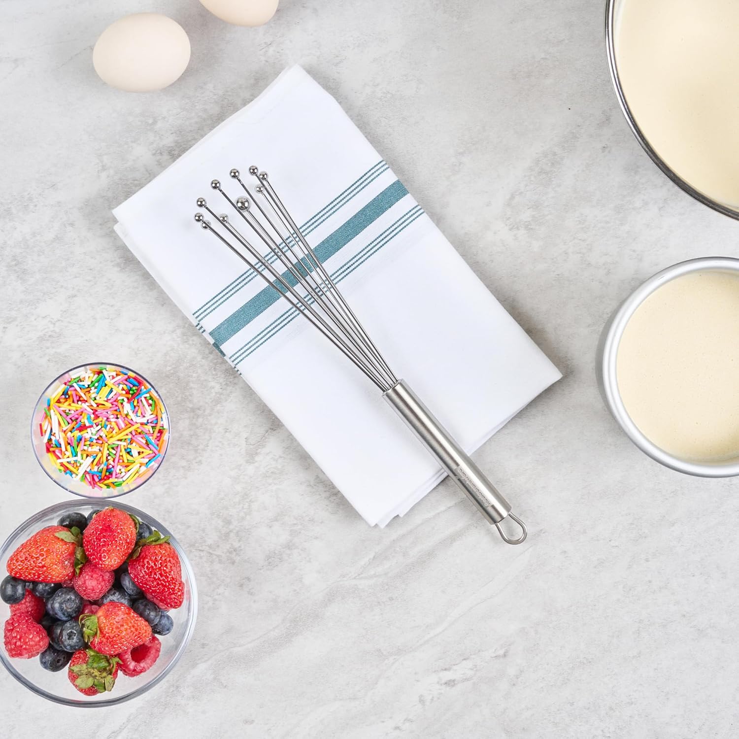 10.5 in Stainless Steel Ball Whisk - German Standard Egg Beater with Ergonomic Handle, Dishwasher Safe - Manual Mixer Cooking Whisk for Baking, Stirring, Sauces, Beating