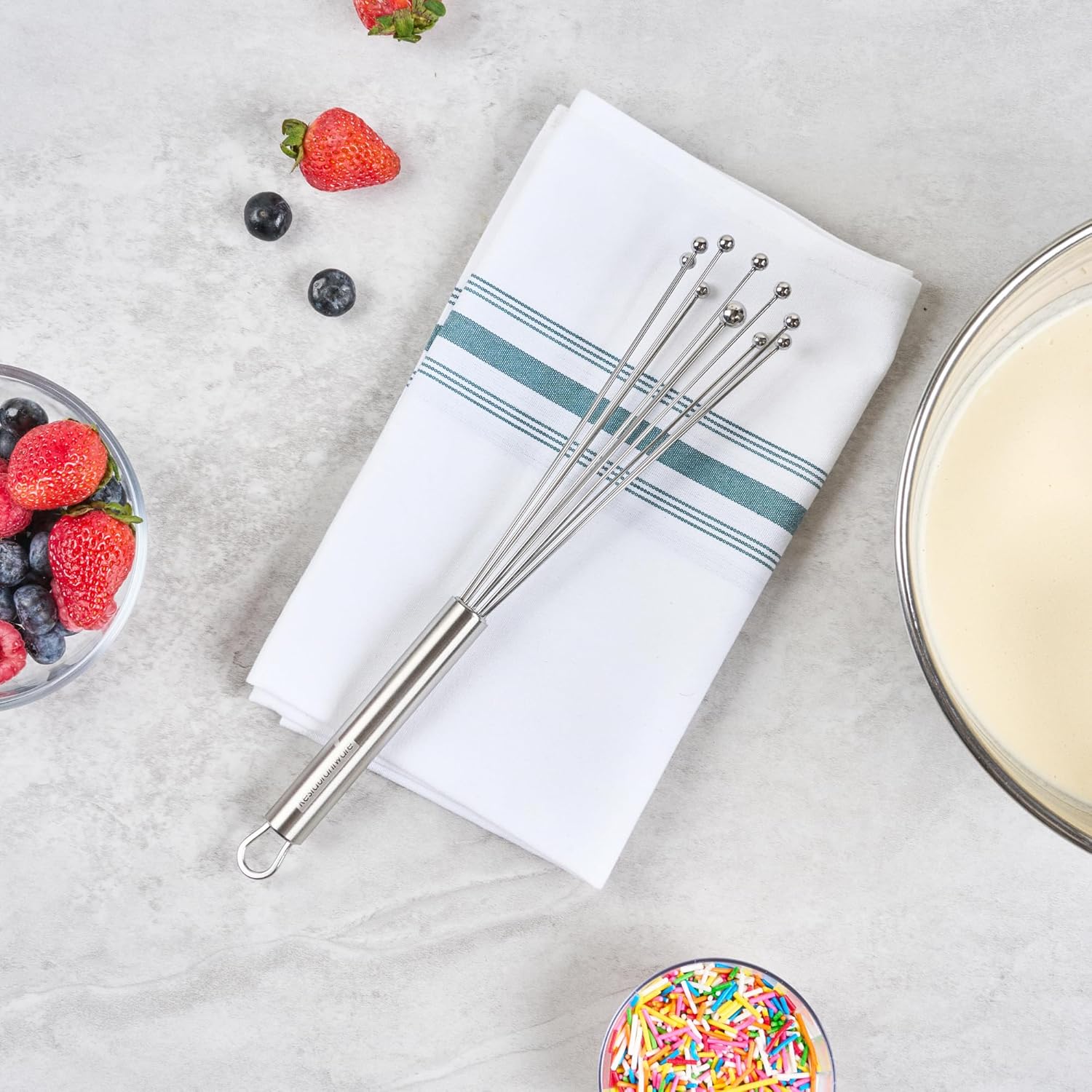 10.5 in Stainless Steel Ball Whisk - German Standard Egg Beater with Ergonomic Handle, Dishwasher Safe - Manual Mixer Cooking Whisk for Baking, Stirring, Sauces, Beating
