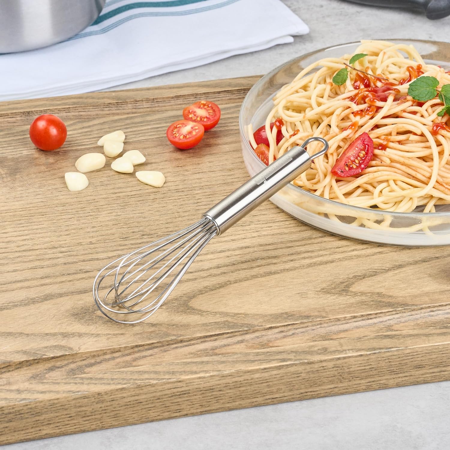 10.5 in Stainless Steel Ball Whisk - German Standard Egg Beater with Ergonomic Handle, Dishwasher Safe - Manual Mixer Cooking Whisk for Baking, Stirring, Sauces, Beating