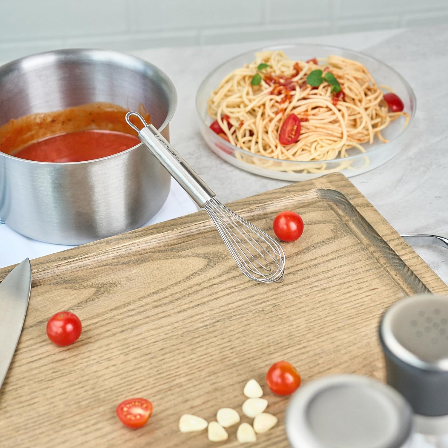 10.5 in Stainless Steel Ball Whisk - German Standard Egg Beater with Ergonomic Handle, Dishwasher Safe - Manual Mixer Cooking Whisk for Baking, Stirring, Sauces, Beating