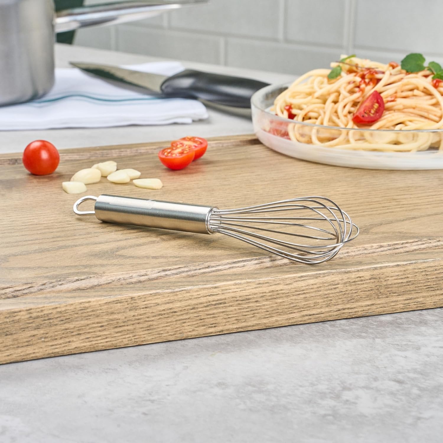 10.5 in Stainless Steel Ball Whisk - German Standard Egg Beater with Ergonomic Handle, Dishwasher Safe - Manual Mixer Cooking Whisk for Baking, Stirring, Sauces, Beating