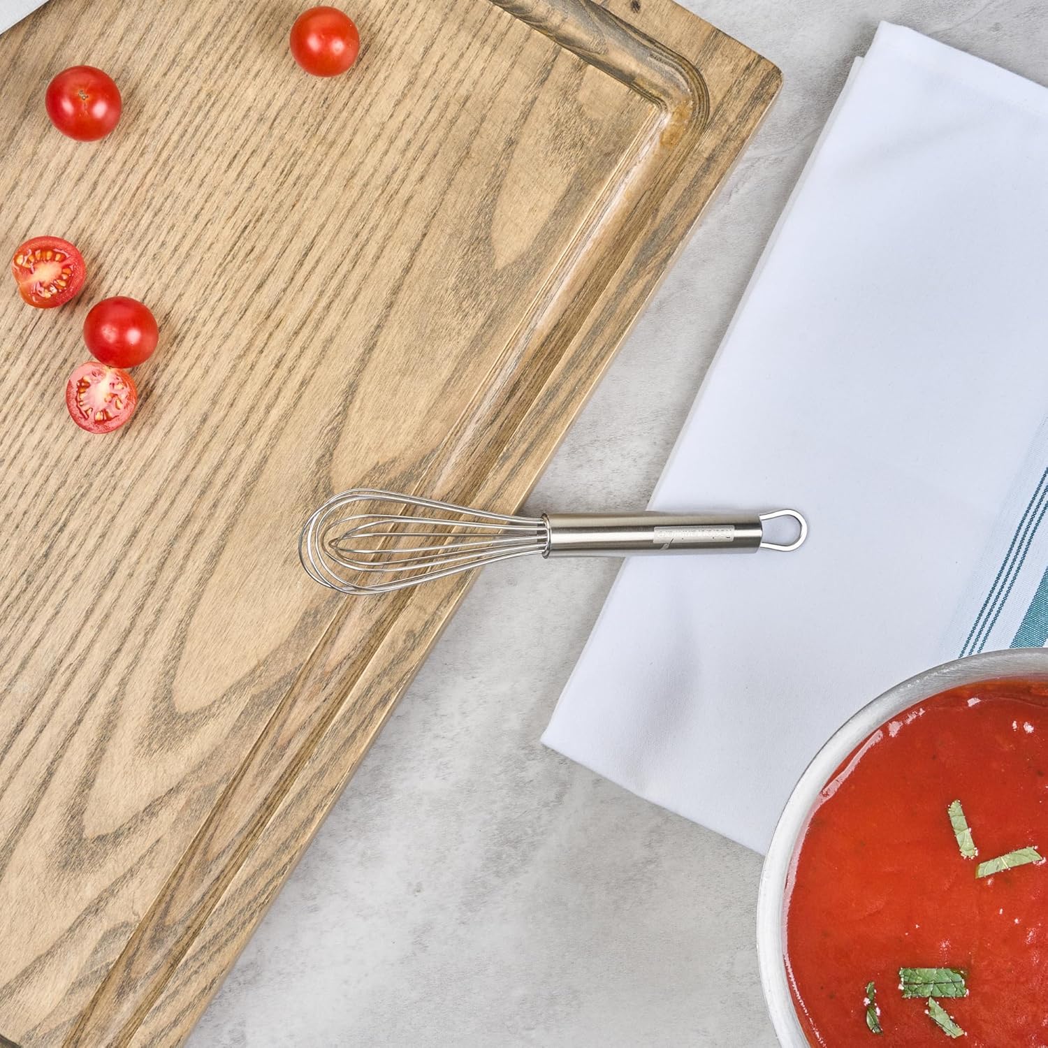 10.5 in Stainless Steel Ball Whisk - German Standard Egg Beater with Ergonomic Handle, Dishwasher Safe - Manual Mixer Cooking Whisk for Baking, Stirring, Sauces, Beating