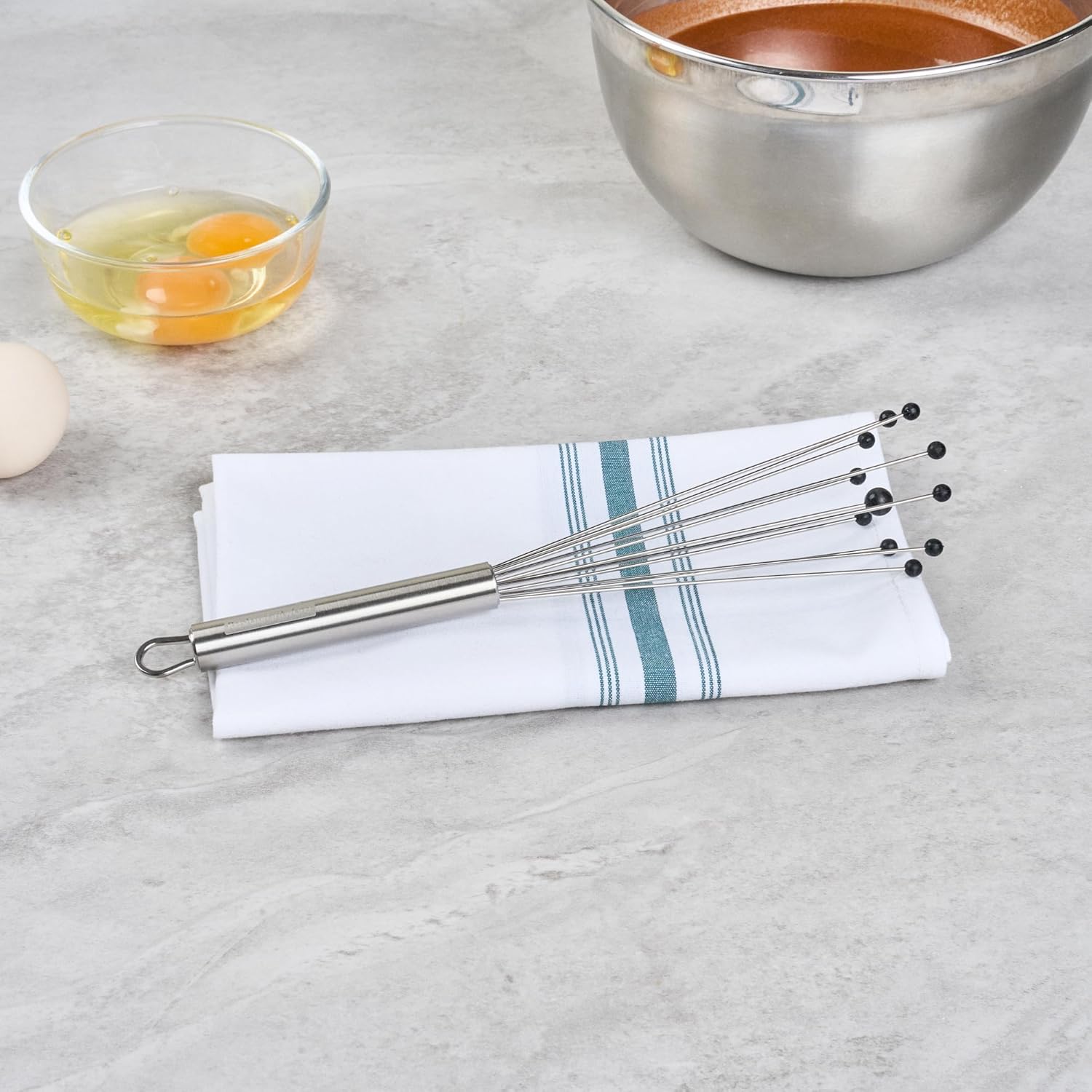 10.5 in Stainless Steel Ball Whisk - German Standard Egg Beater with Ergonomic Handle, Dishwasher Safe - Manual Mixer Cooking Whisk for Baking, Stirring, Sauces, Beating